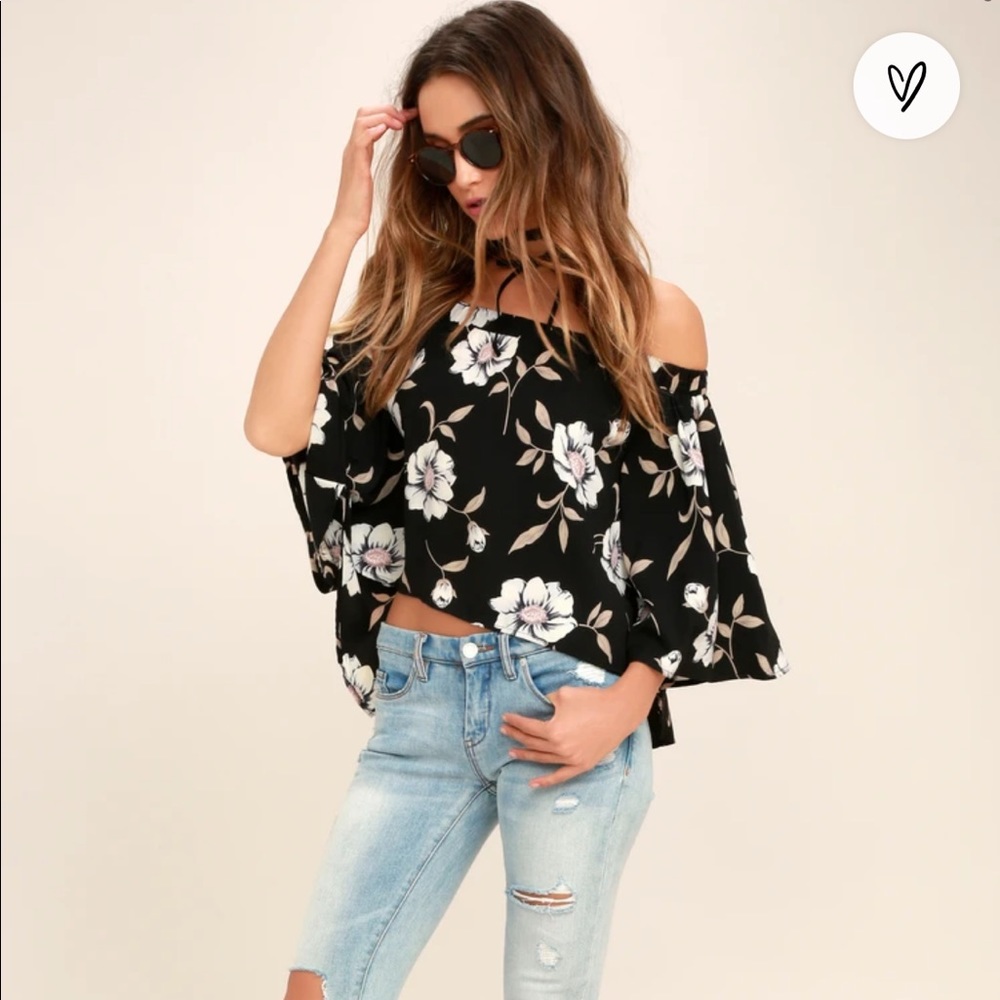 Light of Dawn Black Floral Off-the-Shoulder Top